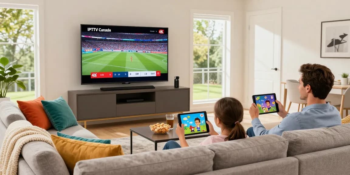 Family joyfully watching IPTV Canada in a cozy living room with 4K sports streaming.