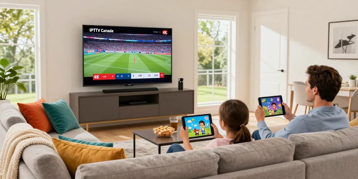 Family joyfully watching IPTV Canada in a cozy living room with 4K sports streaming.