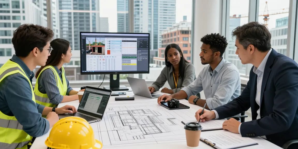 Project management construction Toronto team collaborating on site plans.