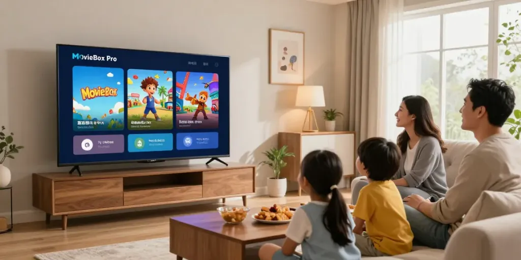 Family enjoying a movie together using Movie Box Pro app on TV in a cozy living room.