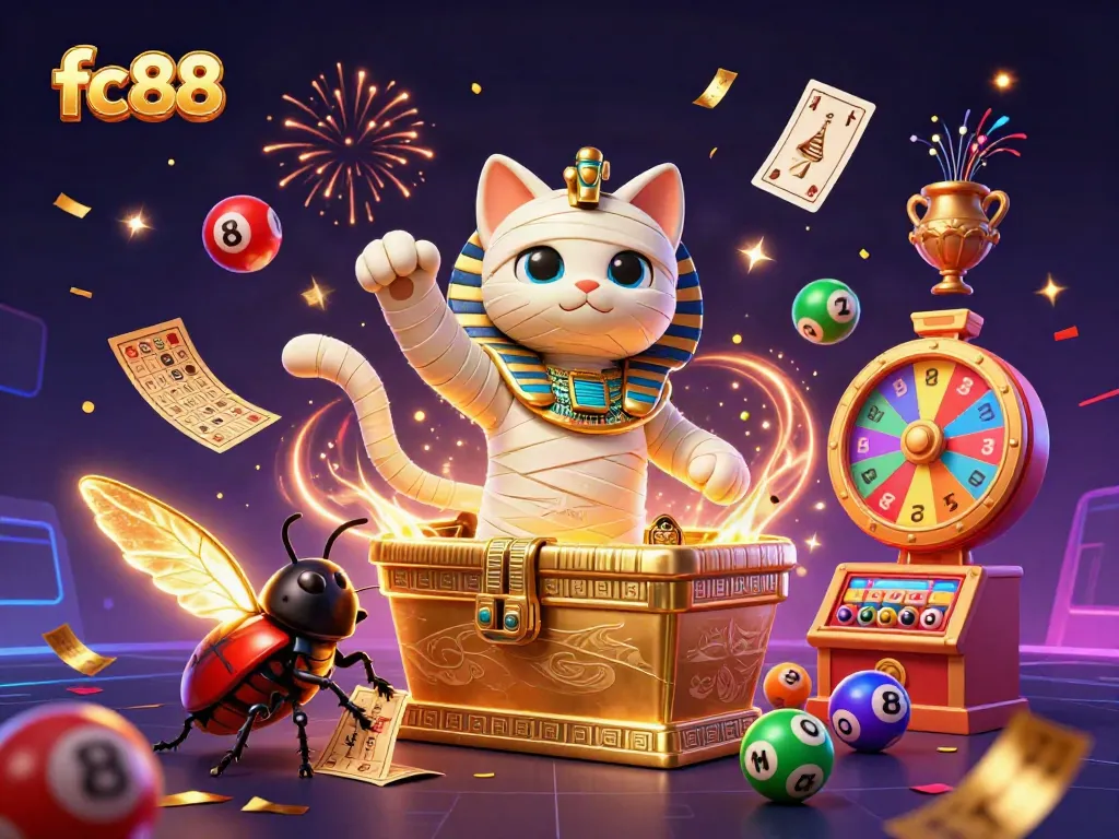 Engage with fc88 as the Egyptian mummy cat emerges in a vibrant casino scene filled with festive elements.