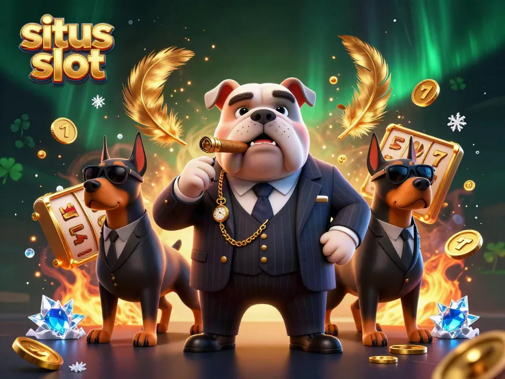 Engaging 3D illustration depicting a mafia boss and Doberman bodyguards amidst slot machine elements showcasing "situs slot".