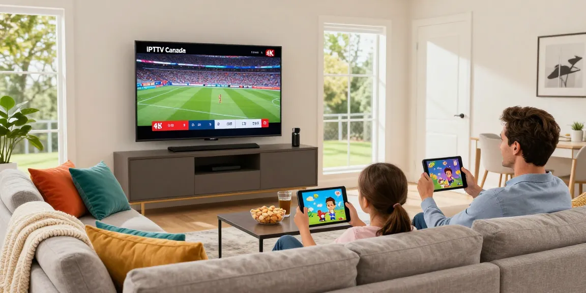 Family joyfully watching IPTV Canada in a cozy living room with 4K sports streaming.