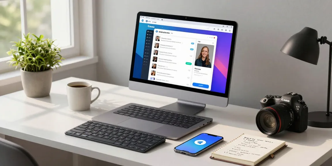 Engaging with Telegram Web Version on a modern laptop in a stylish workspace.