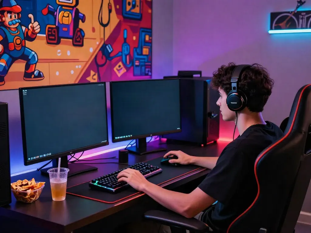Engaging scene of enjoying rokok88 slot on a high-resolution gaming monitor in a colorful gaming room.