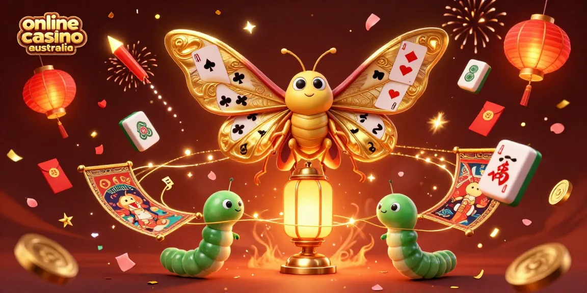 Engage with the vibrant world of online casino Australia featuring an artistic 3D moth and casino elements.
