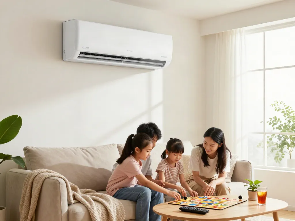 Family enjoying a cozy living room with ductless AC unit providing comfort and relaxation.
