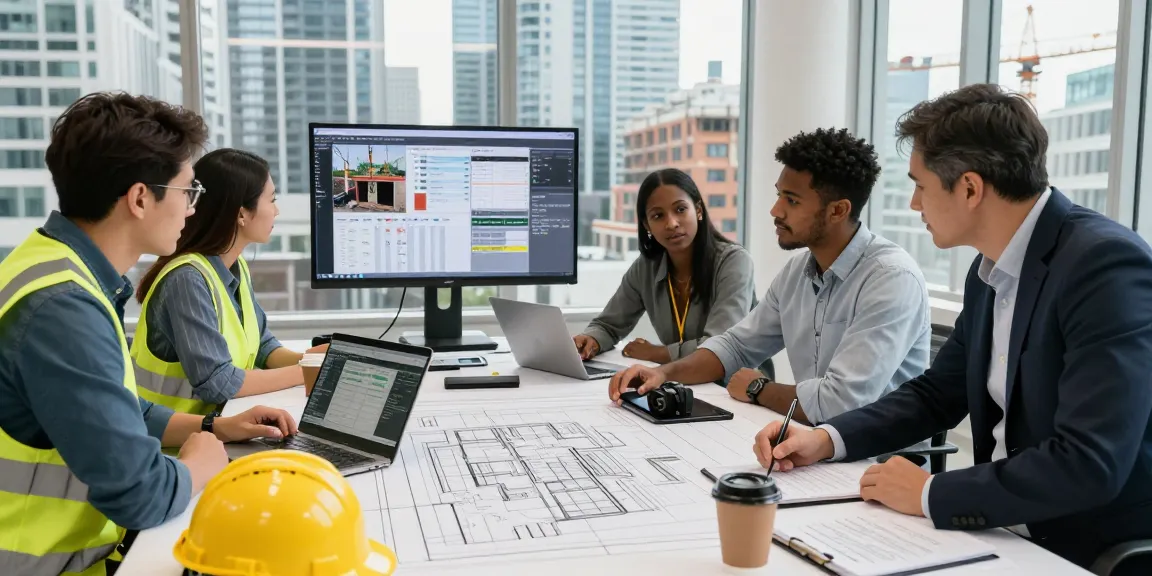 Project management construction Toronto team collaborating on site plans.